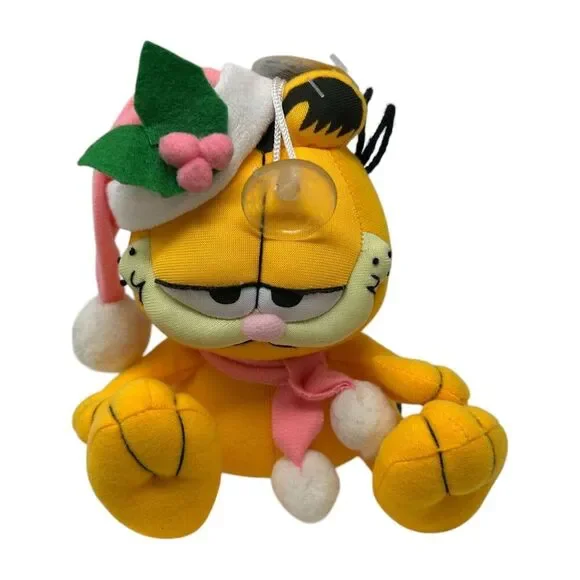 Garfield Pink Christmas Holiday Plush Toy With Santa Hat & Scarf Window Cling - Picture 5 of 16